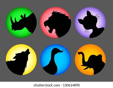 Animal Silhouette Icons. Rhinoceros, lion, cat, wolf, duck, and elephant, black shadow style in color circle icon. Good use for button icons your web.