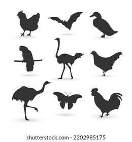 animal silhouette illustration collection, chicken, bat, duck, ostrich, cockatoo, butterfly, vector illustration