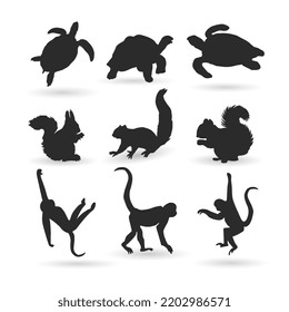 animal silhouette illustration collection. turtle, squirrel and monkey, vector illustration