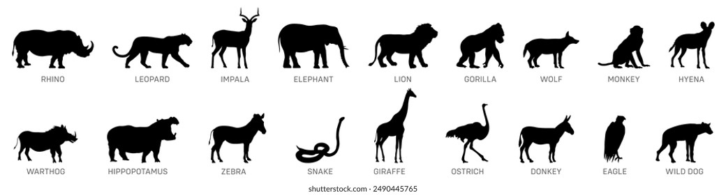 Animal silhouette set. African animal. Wild animal collection.