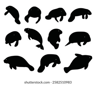 animal silhouette set manatee vector design illustration