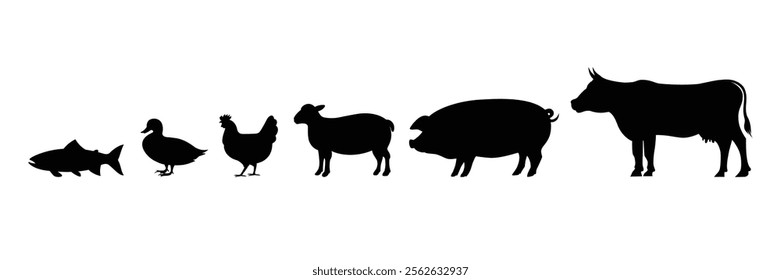 Animal silhouette vector design. Farm animals include chicken, fish, duck, pig, sheep, lamb, and cow vector icons.