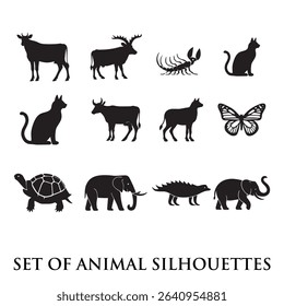 Animal silhouette vector design. Farm animals include chicken, fish, duck, pig, sheep, lamb, and cow vector icons.