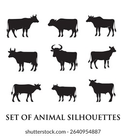 Animal silhouette vector design. Farm animals include chicken, fish, duck, pig, sheep, lamb, and cow vector icons.