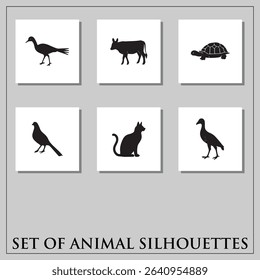 Animal silhouette vector design. Farm animals include chicken, fish, duck, pig, sheep, lamb, and cow vector icons.