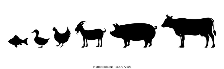 Animal silhouette vector design. Farm animals include chicken, fish, duck, pig, goat, lamb, and cow vector icons.