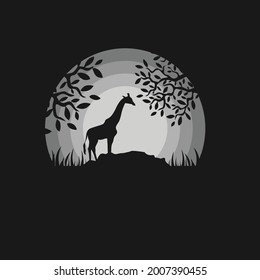Animal Silhouette Vector Illustration Logo Designs, Giraffe Logo, Sunrise and sunset. Landscape wallpaper. Illustration vector style. Colorful view background