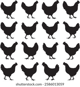 animal, silhouette, vector, isolated, hen, rooster, black, chicken, farm, bird, poultry, agriculture, illustration, icon, design, set, domestic, livestock, food, meat, collection, cock, logo, chick,