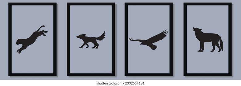 conjunto de vectores de silueta animal en el marco, adecuado para la decoración de paredes, arte de pared, diseño interior, fondo, papel pintado, diseño postal y de folletos, ilustración