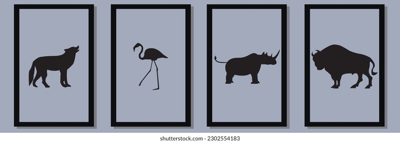 animal Silhouette vector set in frame ,suitable for wall decoration,wall art,interior design, background,wallpaper, postcard and brochure design, illustration