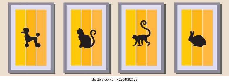 animal Silhouette vector set in frame ,suitable for wall decoration,wall art,interior design, background,wallpaper, postcard and brochure design, illustration