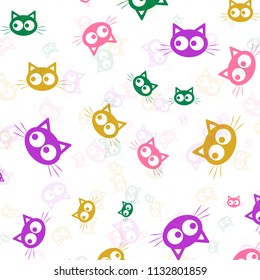 Animal silhouette. Wallpaper and fabric design and decor. Vector illustration. Pattern of olorful Heads of Cats on White Background.