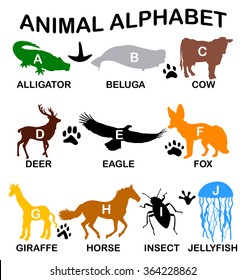 animal silhouettes - alphabet -letters from A to J