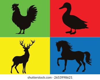 animal silhouettes of chicken, duck, deer, horse