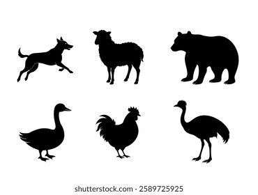 Animal silhouettes: dog, sheep, bear, duck, rooster, emu on white background isolated on white background