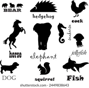 animal silhouettes eps, vector, bear, hedgehog, rooster, horse, elephant, fish, background, pattern