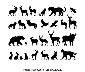 Siluetas de animales. Fauna de montaña y bosque. fauna de montaña. Oso, ciervo, cabra, conejo, águila, leopardo de las nieves, lince, lobo, yak, liebre, siluetas de aves. Concepto de turismo de viajes de aventura, Vector