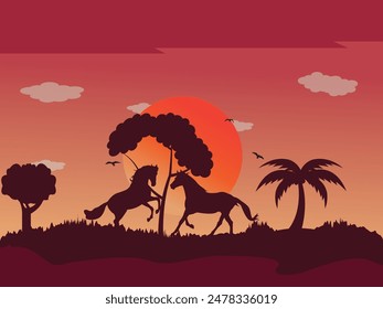 Animal Silhouettes In Savanna Vector Illustration. Silhouette horses with trees and grass at forest view landscape vector