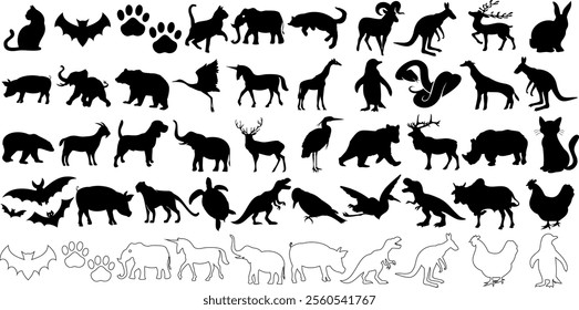 Animal silhouettes set. Diverse wildlife icons including mammals, birds, reptiles, and bats. Perfect animal vector for graphic design, educational materials, or projects requiring animal themed visual