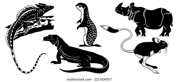 Animal silhouettes set isolated on white. Basilisk lizard, Ground Squirrel, Komodo Waran, Jerboa, Rhinoceros. Vector cliparts.