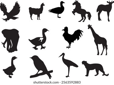 Animal Silhouettes Vector Set Birds, Mammals, and Farm Animals - Wildlife Clipart for Graphic Design, Nature Projects, and Educational Materials