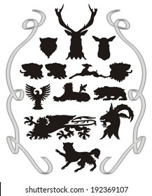 animal silhouettes, wolf, stag, fawn, bear, eagle, lion, chamois 