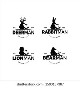 Animal sing logo vector bring guitar in front of mic. Funny fauna mascot. For business and entertainent. simple singer vlog and cover song with amazing talent. Romantic feel.