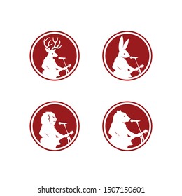Animal sing logo vector bring guitar in front of mic. Funny fauna mascot. For business and entertaiment. simple singer vlog and cover song with amazing talent. Romantic feel