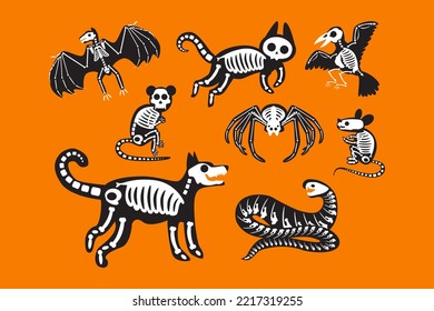 Animal skeleton halloween celebration set vector. Snake and mouse, rat and bat, dog and cat domestic pet, spider and raven. Mystic holiday scary decoration flat cartoon illustration