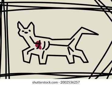 Animal skeleton with red heart representing life. Illustration for animal protection. Negative concept of human consequences on environment and all living things. Hand drawn illustration child style. 