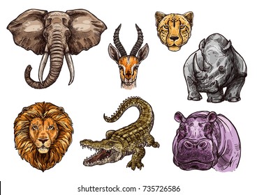 Animal Sketch Set Of African Mammal. Elephant, Lion, Hippo, Crocodile Or Alligator, Rhino, Cheetah Or Jaguar, Gazelle Or Antelope Isolated Vector Icon For Safari Trip, Hunting Sport Or Nature Design