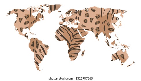 Animal skin in the form of a map of the earth. Map of the earth in the form of leopard skins. Vector illustration.