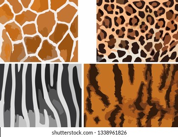 Animal skin graphic textures - giraffe, gepard, zebra and tiger. Vector illustration eps.