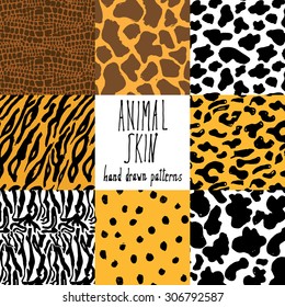 Animal skin hand drawn texture, Vector seamless pattern set, sketch drawing cheetah, cow, crocodile, tiger zebra and giraffe skin textures.