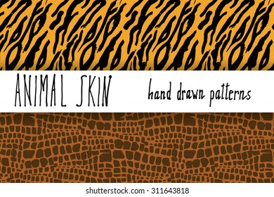 Animal skin hand drawn texture, Vector seamless pattern set, sketch drawing crocodile and tiger skin textures.