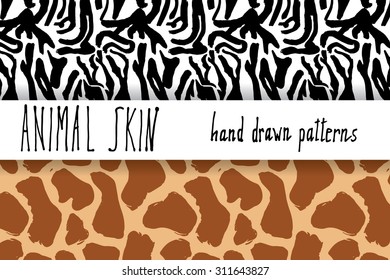 Animal skin hand drawn texture, Vector seamless pattern set, sketch drawing zebra and giraffe skin textures.