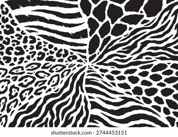 Animal Skin mono hybrid pattern design background. Animal print vector illustration background. Wildlife fur skin design illustration for web, home decor, fashion, surface, graphic design