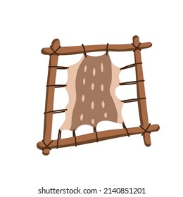 Animal Skin On A Frame. Stone Age. Tools Of Prehistoric Man. Vector Illustration.Cartoon Style.