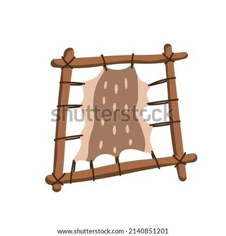 Animal skin on a frame. Stone age. Tools of prehistoric man. Vector illustration.Cartoon style.