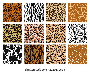 Animal skin pattern. Zoo prints of mammals fur, safari material and jaguar fashion background. Zebra, giraffe and tiger skins seamless vector set. Dotted or spotted and striped textile design