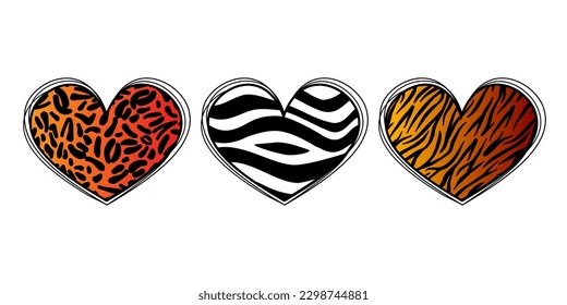 Animal skin patterned heart set. Wild zebra, tiger and leopard skin print. Love concept sign.