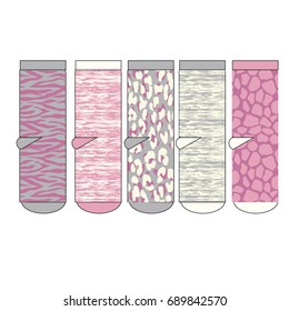 animal skin patterns Girls socks design. Set of socks pattern. illustrations isolate Girls sock with colored pattern
