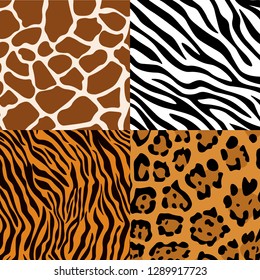 Animal skin patterns set ; giraffe , zebra , tiger, leopard. Texture for  fashion, clothes, paper print and website backdrop, fabric textile, A4 paper, poster, postcard, wrapping