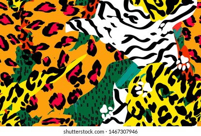 Animal skin print leopard, tiger, zebra vector seamless pattern on green background. Yellow, rad, orange, black animal texture. The skin of wild tropical beasts in the african style.