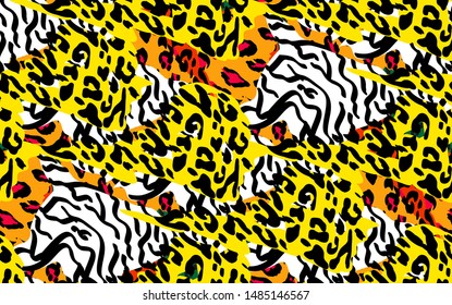 Animal skin print leopard, tiger, zebra vector seamless pattern on green background. Yellow, rad, orange, black animal texture. The skin of wild tropical beasts in the african style.