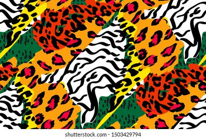Animal skin print leopard, tiger, zebra vector seamless pattern on green background. Yellow, rad, orange, black animal texture. The skin of wild tropical beasts in the african style.