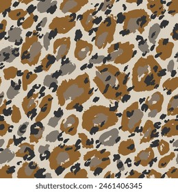 Animal skin print. Leopard`s spotted fur seamless pattern design. Trendy abstract texture with brush strokes, rosettes. Trendy vector illustration for surface wrapping, fabric design