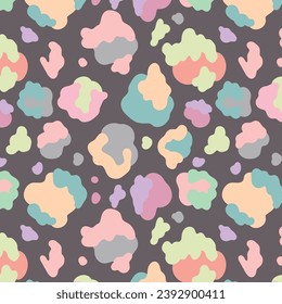 Animal skin print in rainbow colors. Colorful leopard spot seamless pattern design. Abstract blob, rosettes texture Summer ice cream colored vector illustration for surface wrapping, fabric design