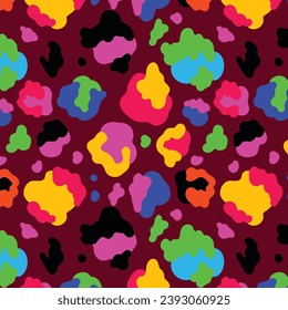 Animal skin print in rainbow colors. Colorful leopard spot seamless pattern design. Abstract blob, rosettes texture Summer ice cream colored vector illustration for surface wrapping, fabric design