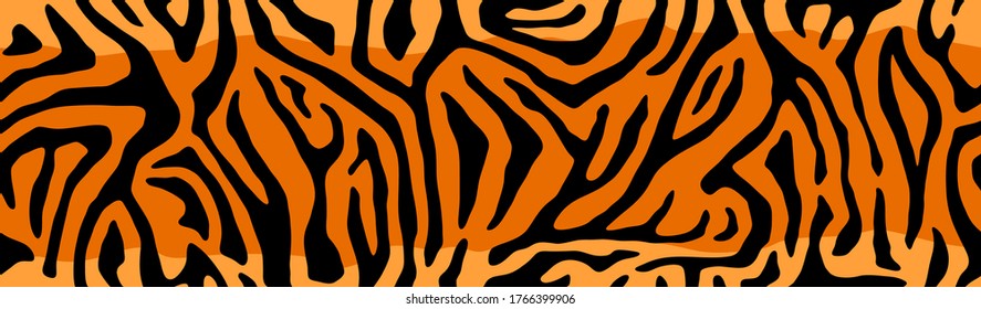 Animal skin print, seamless texture. Tiger fur, orange stripes pattern. Safari repeating background. Vector